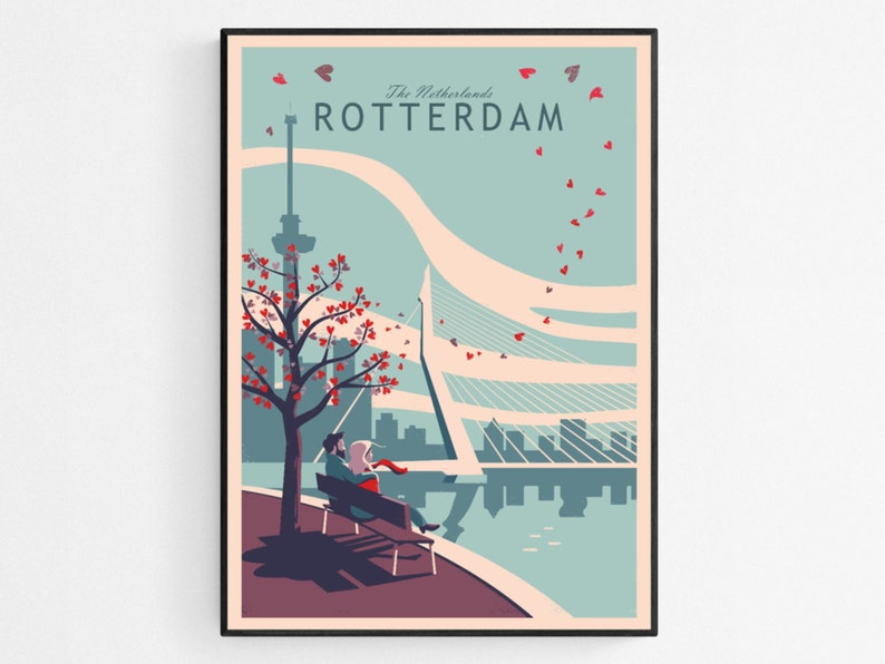 Poster or art print of an illustration of the city of Rotterdam in the Netherlands. It is a romantic scene of a couple sitting on a bench overlooking the river. Leaves drawn as hearts are flying through the sky. Makes a nice Valentines day gift.