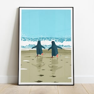 Beach Penguins Art print / Antarctic Winter Wall Art / Coastal Antarctica Poster / Beach Penguins Illustration / Home Decor