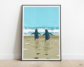 Beach Penguins Art print / Antarctic Winter Wall Art / Coastal Antarctica Poster / Beach Penguins Illustration / Home Decor