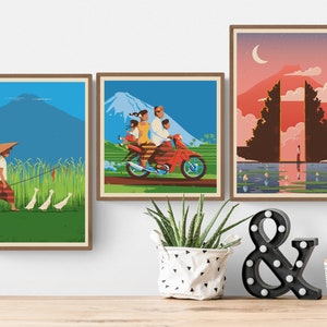 Bali Wall Decor Set of 3 Art Prints, Three Travel Posters, Choose Any, Balinese Illustrations Design, Indonesia Wall Art Bundle, Asia