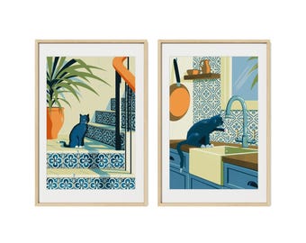 Two 20x30" Prints in 24x36" Frames with Mat – Black Cat and Azulejo Tile Diptych – Framed Art Set – Made and Shipped in USA