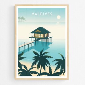 Poster di villa sull'acqua delle Maldive, stampa artistica di paradiso tropicale, illustrazione di viaggio di bungalow sulla spiaggia, decorazione da parete estiva esotica, regalo