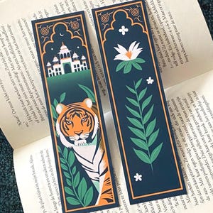 Tigerbokmärke, Indien-tema, Dubbelsidigt, Present till bokälskare, Lästillbehör för bokmalar, Djur- och blomillustrationskonst