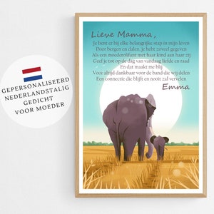 Impresión artística con poema "Madre" en holandés con metáfora de una madre elefante y su hijo. Regalo personalizado para mamá, regalo para el Día de la Madre, regalo de cumpleaños, póster.