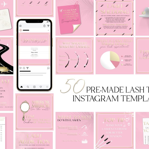 50 Content Lash Instagram Posts, Gold and Pink Lash Tech Templates, Instagram Templates, Aesthetic Templates, Instagram Feed Post