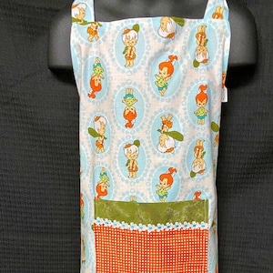 Little Girls Pebbles and Bam Bam Apron, Kitchen Apron with contrasting pocket. Reversible - Free Shipping!