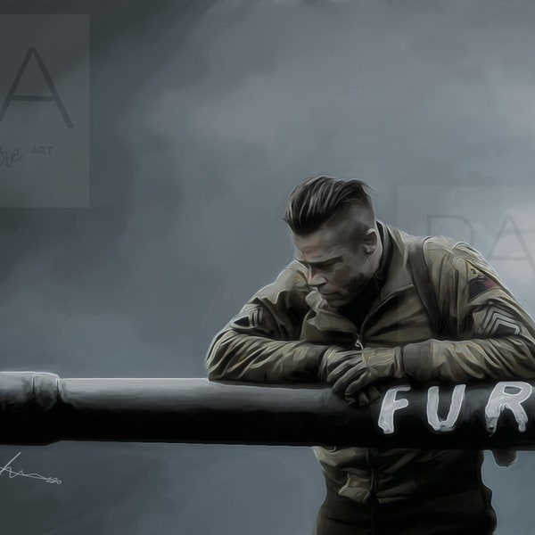 Fury Brad Pitt World War 2 American Tanks Hand Drawn Digital Drawing Wall Art Picture Print