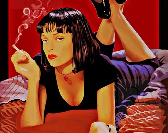 Pulp Fiction Movie Cover Art Poster Print, Hand drawn, Quentin Tarantino, Uma Thurman, Bruce Willis, John Travolta, Samuel L Jackson