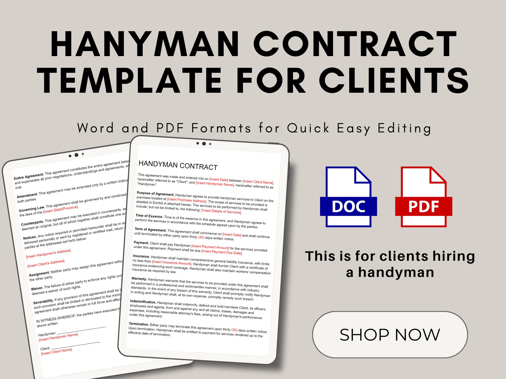 Handyman Service Contract for Clients Etsy