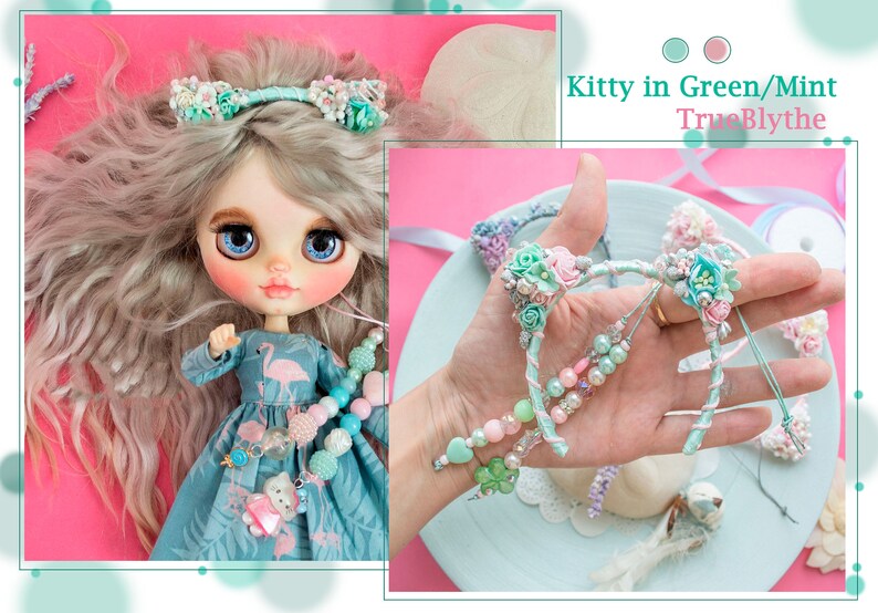 Kitty in Green/Mint. Blythe doll Cat ear. Blythe clothes ...