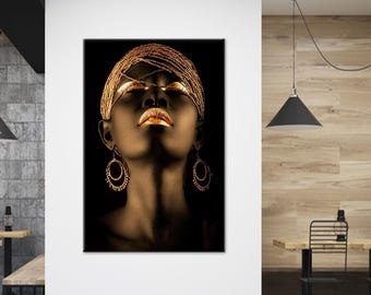 African Gold Woman Art Canvas, Shimmery Wall Hangings, African Wall Decor, Trendy Poster, Kitchen Decor Art,