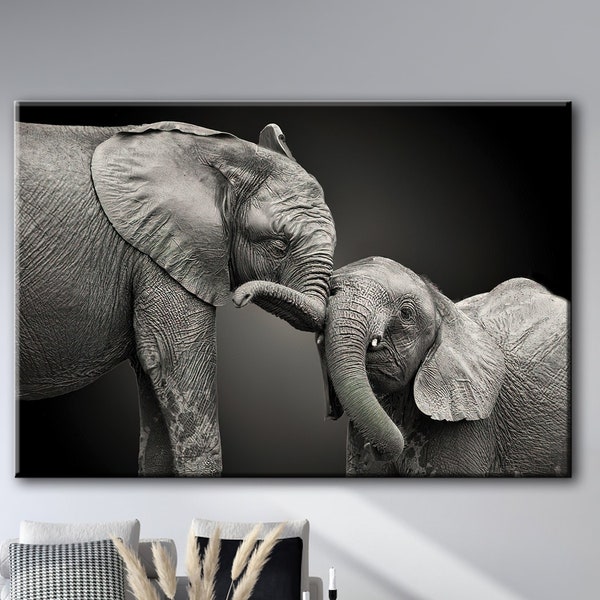 Elephant Canvas, Elephant Art Print,African Elephant Baby and Mom, Elephant Painting, Elephant Wall Art, Elephant Wall Decor, Elephant Print