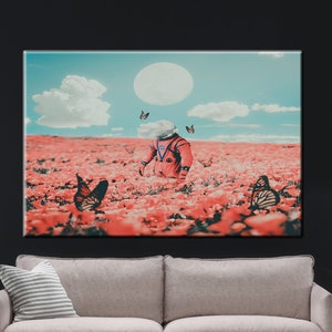 Arte de pared de astronauta, arte de jardín de flores, arte de pared espacial, lienzo abstracto, lienzo de arte de pared, lienzo de dibujos animados para niños, arte de pared de mariposas, arte de jardín