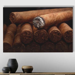 Cigar Canvas Wall Art for Lounge or Bar, Rustic Tobacco Print, Smoked Cigar Close Up Poster, Brown Cotton Canvas Decor for Men’s Spaces