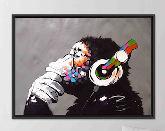 Banksy Thinking Monkey Canvas Art: Graffiti Wall Decor