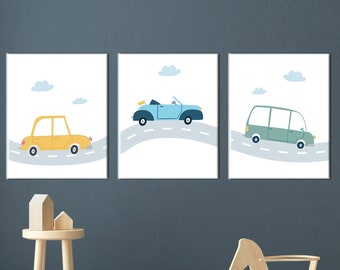 Car Nursery Canvas Print Set: Kids Room Wall Art