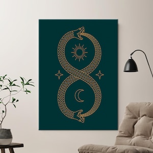 May include: A gold outline of two snakes intertwined in the shape of an infinity symbol on a dark green background. The snakes are facing each other with their mouths open. A sun and moon are inside the symbol.