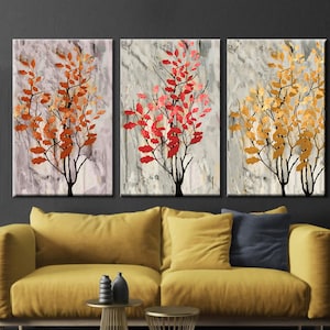 Arte mural de otoño, pintura de otoño, lienzo artístico de tres flores, impresiones de otoño, lienzo de pintura al óleo, decoración de arte mural, hojas de otoño, arte de hojas de otoño