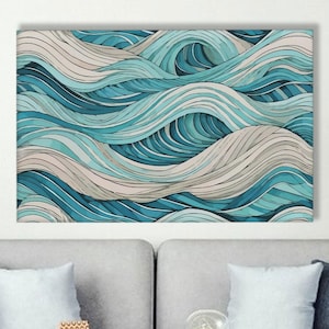 Abstrakte Ozeanwellen Leinwand Wandkunst, moderne türkisblaue Meeresmuster Druck, fließende Linien Baumwoll Leinwand Poster für das Küsten Wohndekor