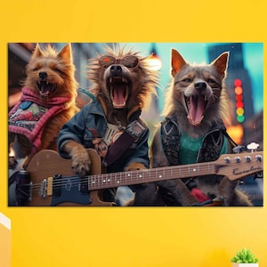 Rock Band Dogs Canvas Wall Art, Cool Howling Guitarist Pups in Punk Style Printed on Cotton Canvas for Fun, Musical and Youthful Home Decor
