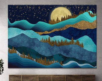 May include: Abstract art print featuring a blue and gold mountain landscape with a full moon and stars. The print has a modern and minimalist style.