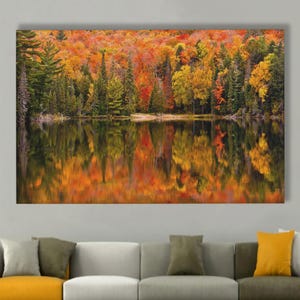 Herbst Wald See Reflexion Leinwand Wand Kunst, Herbstlaub Natur Poster, Bunte Baum Landschaft Baumwolle Leinwand für Wohnkultur