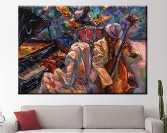 May include: A colorful painting of a jazz band playing music. The band includes a pianist, a drummer, and a double bass player. The painting is done in a loose, expressive style, with bold colors and brushstrokes.