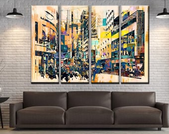 Abstract Cityscape Canvas: Grunge Oil Painting Wall Art