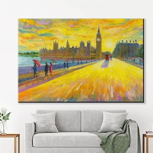 London Landscape, London Street View Painting, Abstract Landscape, Street Landscape, Big Ben Painting, London Canvas Print, London Wall Art,