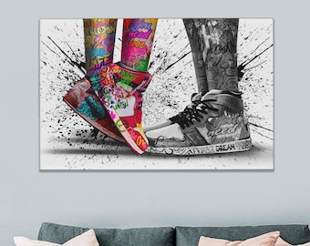Lienzo de zapatos, arte mural de zapatillas, arte mural de grafiti de zapatos, decoración de pared de grafiti de amor, arte mural para sala de estar, lienzo grande, póster de zapatillas