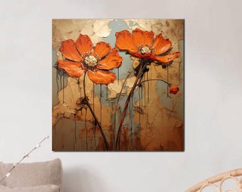 Arte abstracto en lienzo con flores rojas: decoración botánica moderna para pared