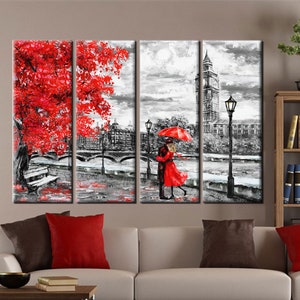 Red Umbrella London Canvas Art: Black and White Cityscape Wall Decor