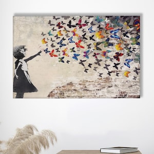 Banksy Girl with Butterfly, Butterfy, Butterfly Girl, Modern, Banksy Girl, Girl Room, Dream, Butterfly Graffiti, Art Print with Frame, Gift
