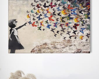 Banksy Girl with Butterfly Canvas Art Print: Modern Graffiti Decor