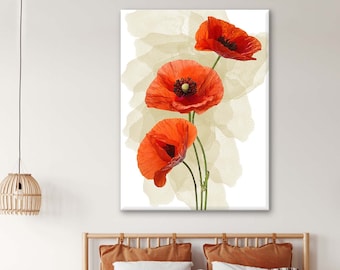 Puede incluir: Tres amapolas rojas con tallos delicados sobre un fondo blanco con sutiles lavados de acuarela beige.