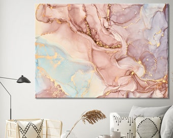 Pink Marble Canvas Art: Gold Abstract Marbling, Large Wall Decor