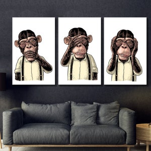 Three Wise Monkeys Canvas Print: Funny Modern Wall Art, Set of 3