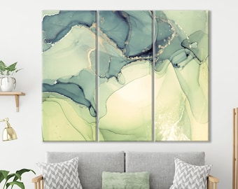 Green Marble Abstract Canvas Wall Art: Gold Accent Print
