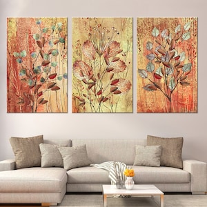 Impression abstraite sur toile de feuilles d&#39;automne : oeuvre d&#39;art murale nature colorée