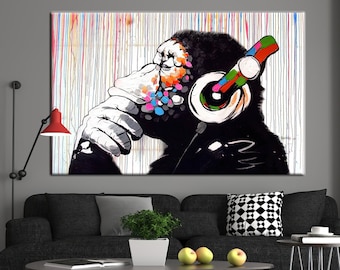 Banksy Dj Monkey, Colorful  Monkey Art, Animal Wall Decor, Headphone Monkey, Living Room Wall Art, Large Wall Art, Banksy Monkey, Banksy Art