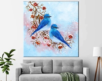 Blue Birds Canvas Print: Winter Snow Landscape Wall Art