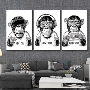 Three Wise Monkeys Canvas Print: Funny Black and White Modern Art