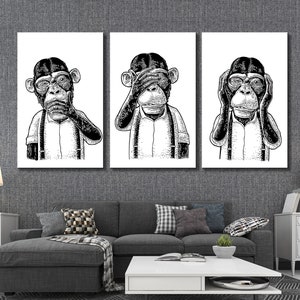 Three Wise Monkeys Canvas Print: Funny Black and White Modern Art