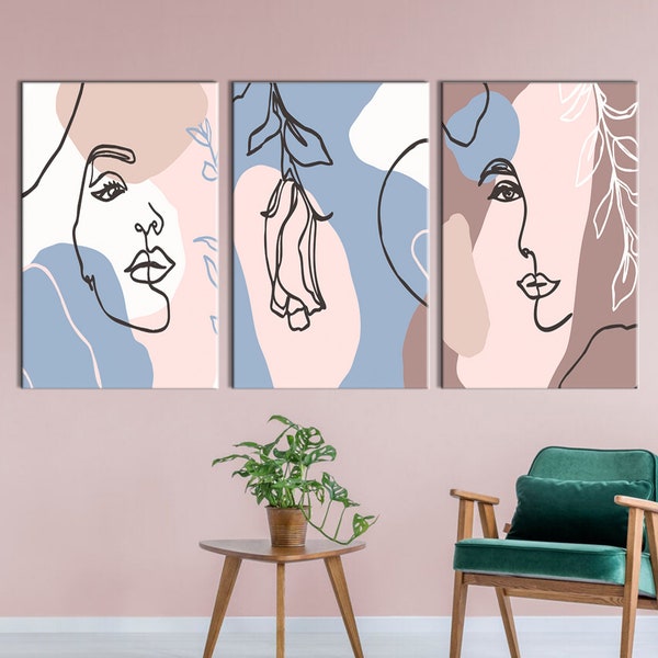 Set of 3 Woman's Face Art, Face Painted Wall Art, Cubism Art Canvas, Canvas Wall Art, Line Art Wall Decor, Abstract Wall Art, Abstract Print