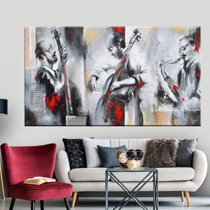 Tela d&#39;arte jazz astratta: dipinto a olio di violoncello e sassofono