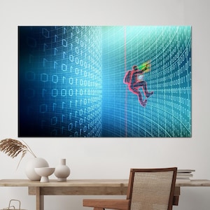 May include: A digital illustration of a person climbing a wall of binary code. The person is wearing a red suit and a backpack. The background is a blue and green gradient with a red line running down the centre.