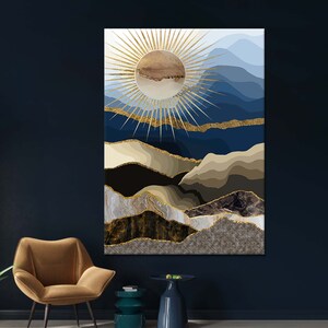 Abstract Mountain Canvas Art: Gold Sun Landscape Wall Decor