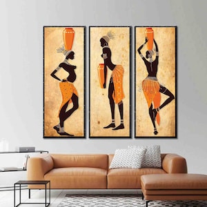 African Women Canvas Wall Art: Ethnic Dance, Orange Decor, Set of 3