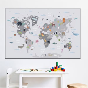 Weltkarte für Kinder, Karte der Tiere, Karte für Kinderzimmer, Karte für Kinderzimmer, Karte für Kinder, Kinderzimmer Illustration, Illustration für Kinder, Kinder Illustration, Kinder Illustration