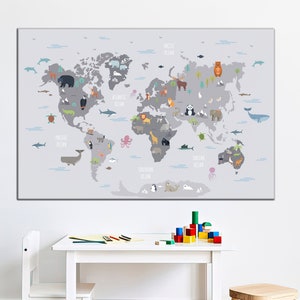 World map print for kids, Animal World map print, Nursery kids decor, Children art print, Playroom art, World map illustration, Educational